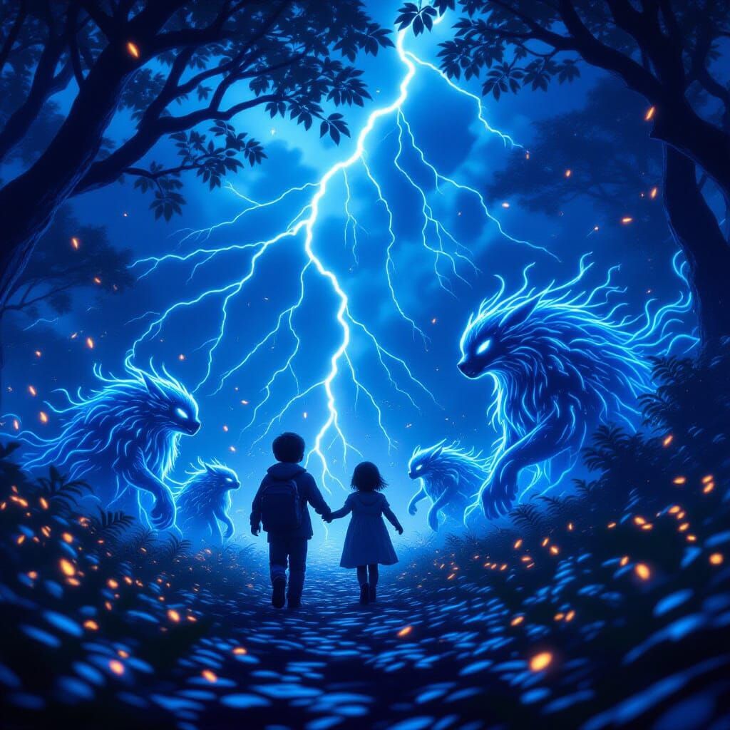 Magical Creatures Guide Child Through Stormy Forest in 3D Ci...