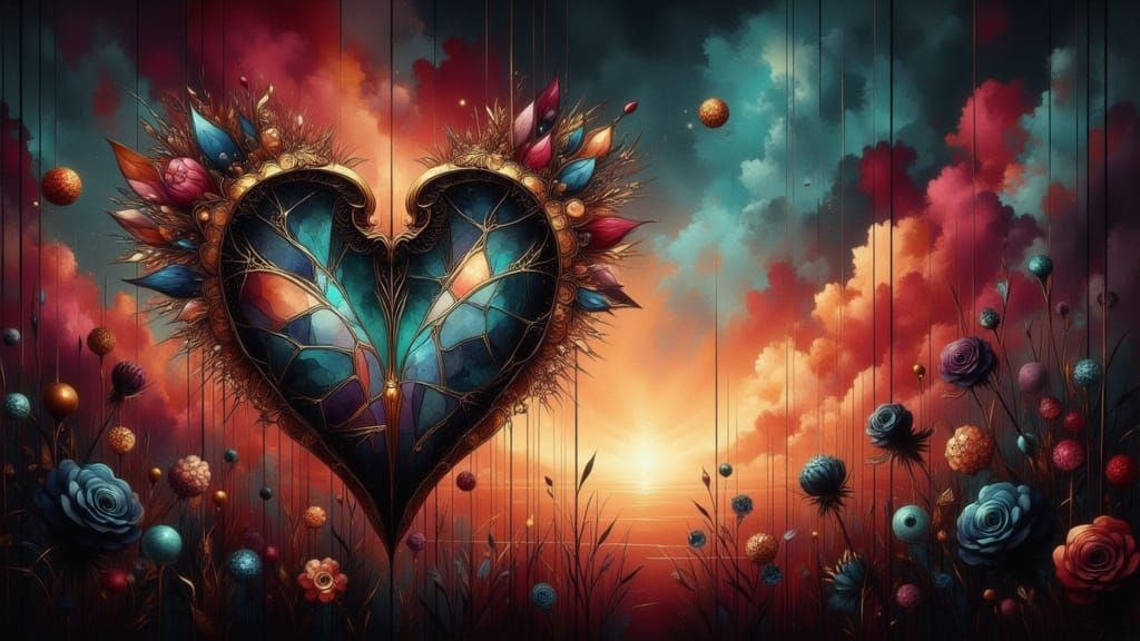 Shattered Heart Stained Glass with Bioluminescent Flora