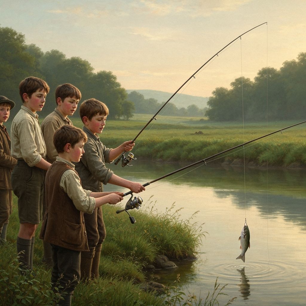 Boys Fishing at Dawn in 19th Century Style