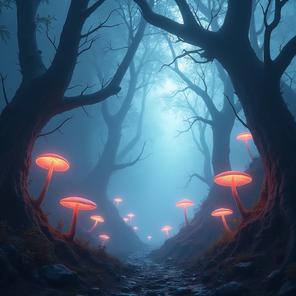 Ethereal Mist in a Bioluminescent Forest