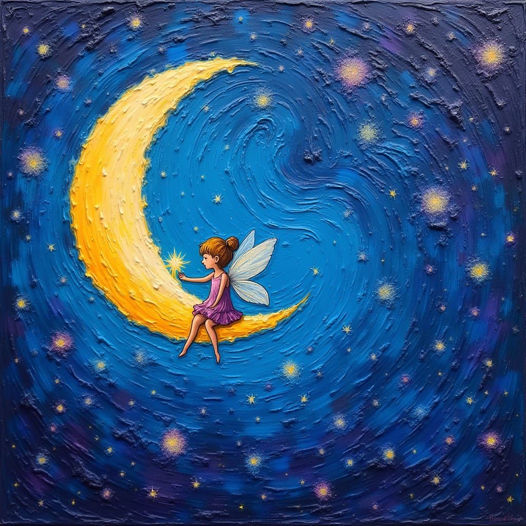 Starry Night Sky with Fairy on Moon in Impasto Style