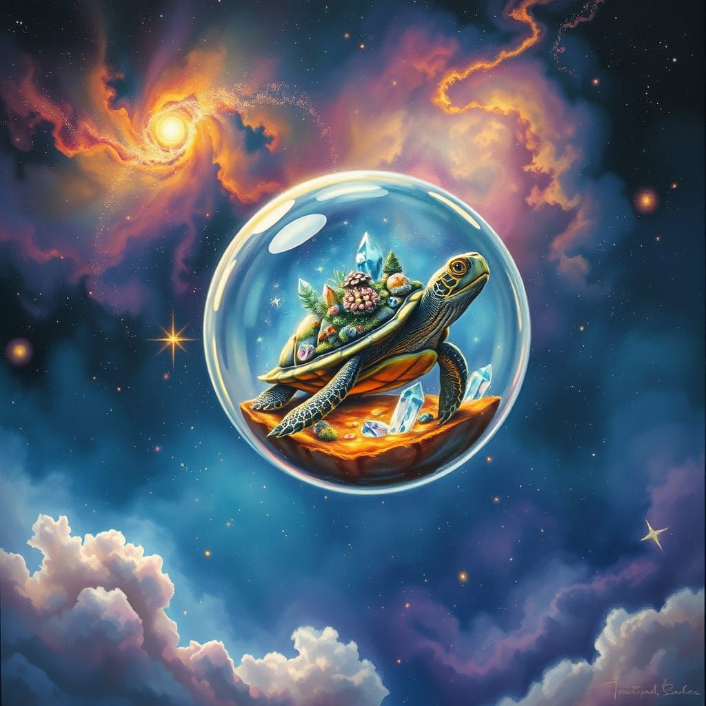 A fantasy scene where a wise old turtle lives inside a float...