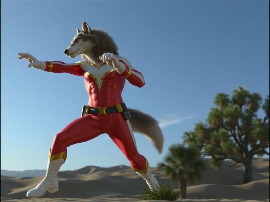 Giant Anthro Wolf Ranger in Desert Battle Stance