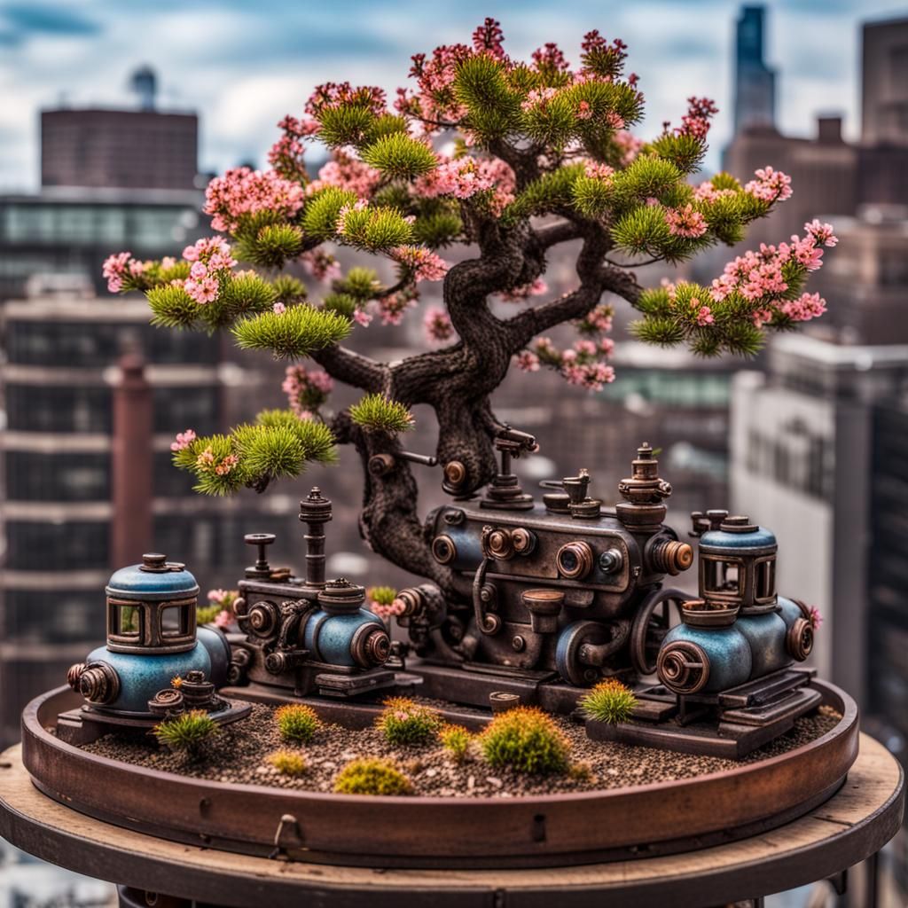 Rooftop Bonsai Garden in a Steampunk Environment
