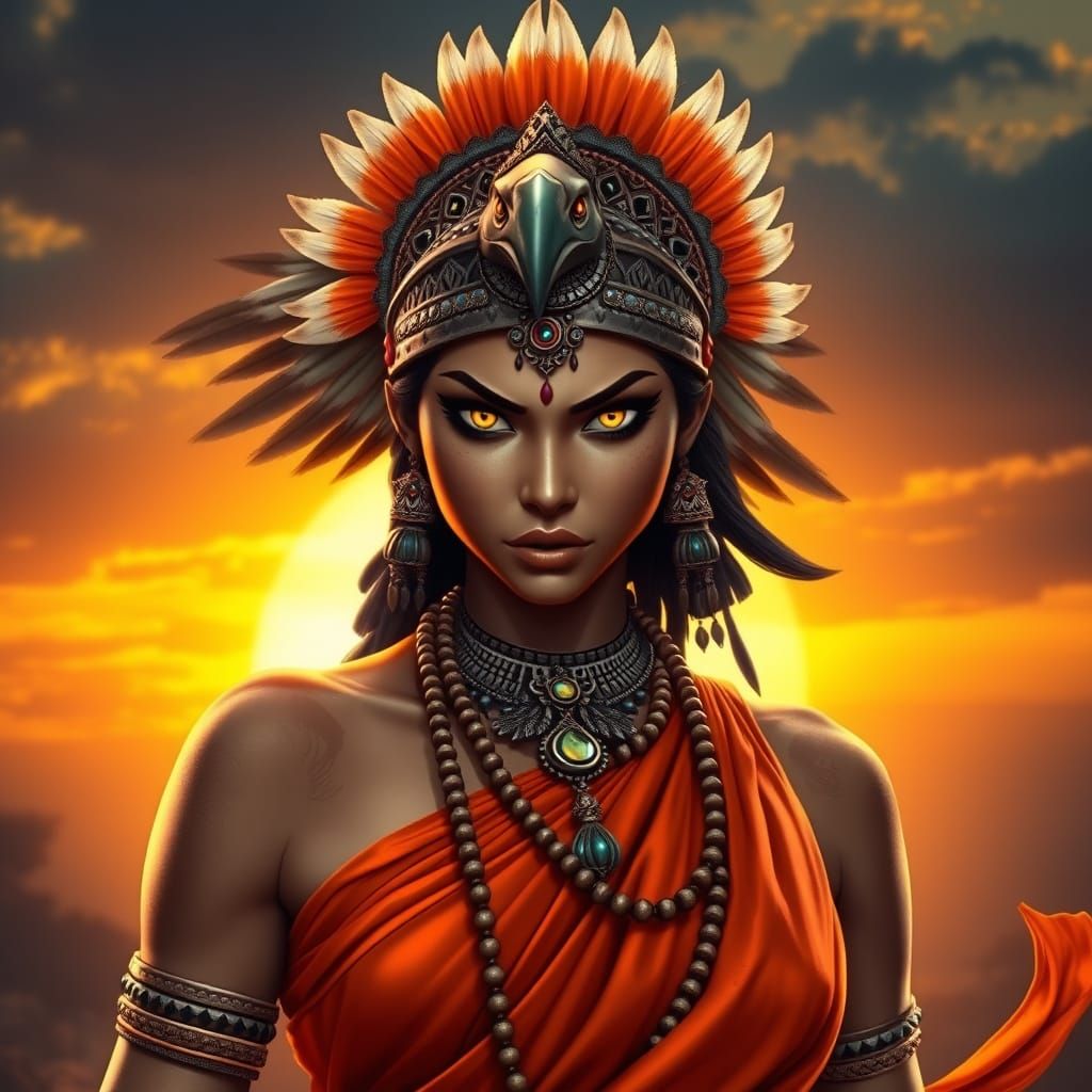 Fierce Indian Warrior Woman in Sunset, Hyperdetailed Style