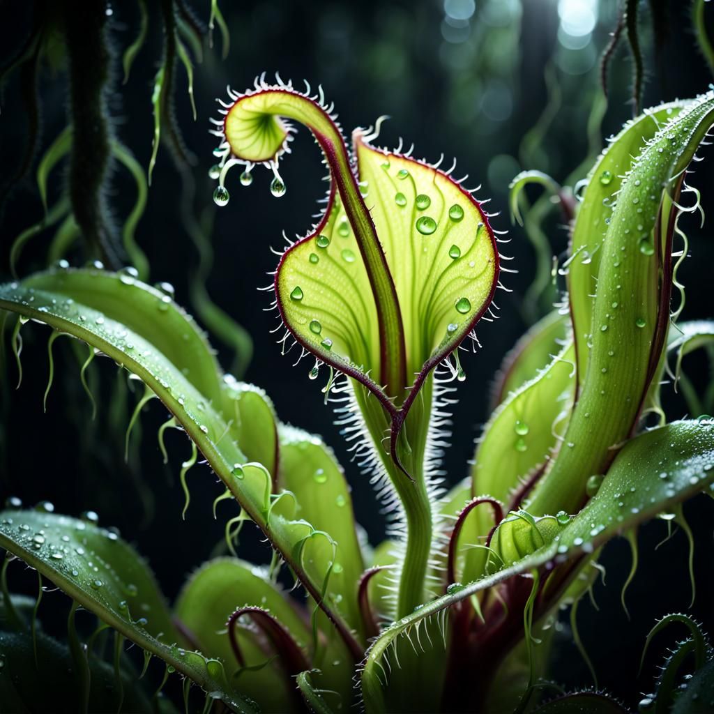 Carnivorous Plant with Dew Drops in Dark Forest