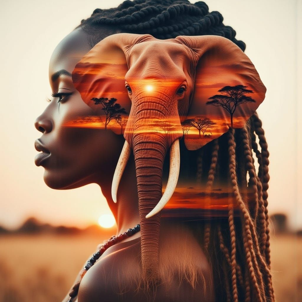 Double Exposure of African Beauty with Majestic Elephant in ...