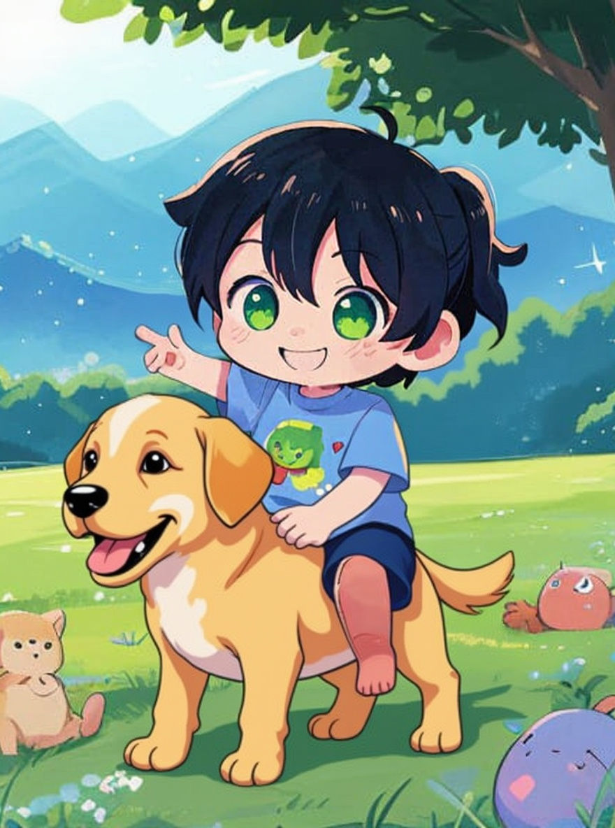Anime Style: Happy Baby Boy in Green Fields
