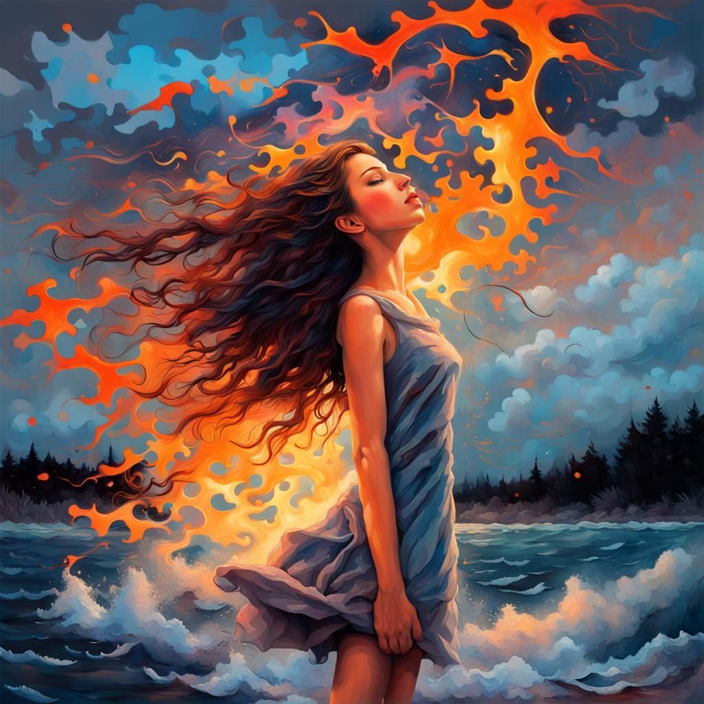 Puzzle Girl Flies in Wind: Psychedelic Splash Art