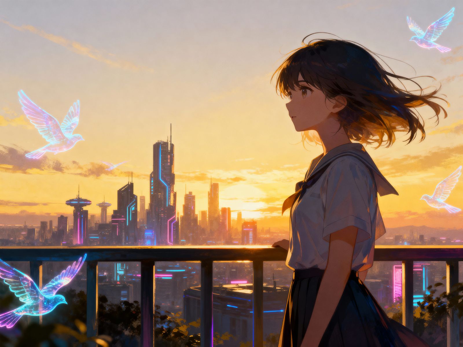 Dreamy Futuristic City at Golden Twilight, Anime Style