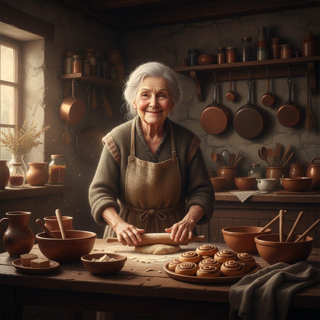 Cozy Granny Baking Cinnamon Buns: Hyperrealistic Render
