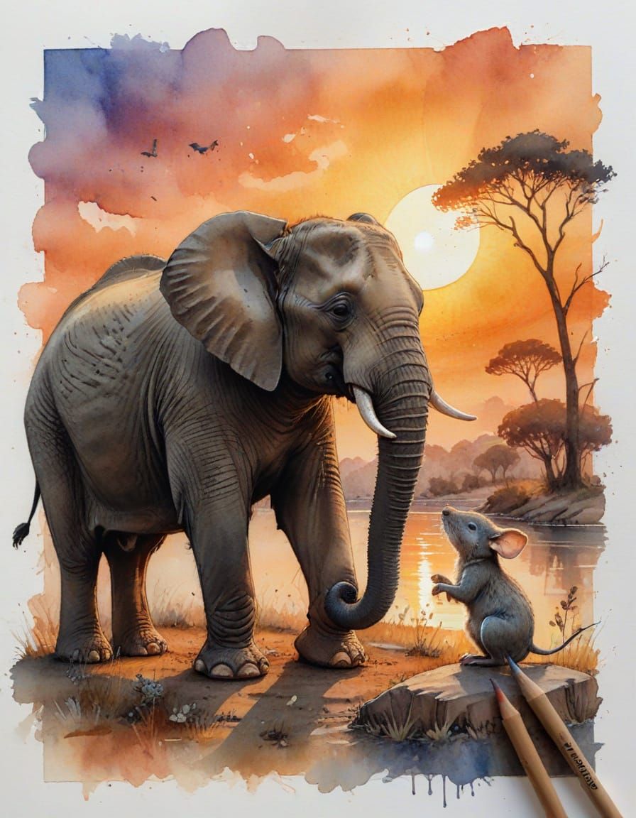 Anthropomorphic Elephant and Mouse Sunset Sketch