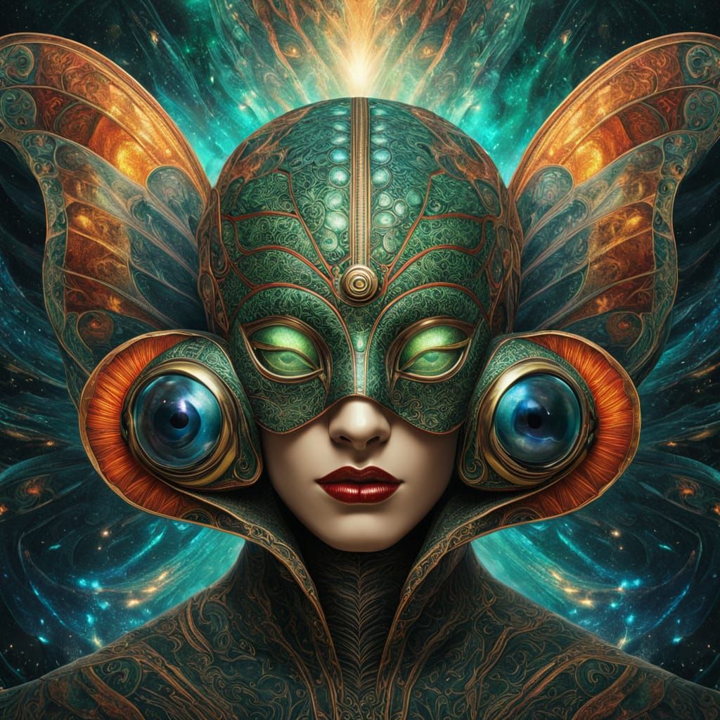 Surreal Snail Face with Ornate Mask and Cosmic Background
