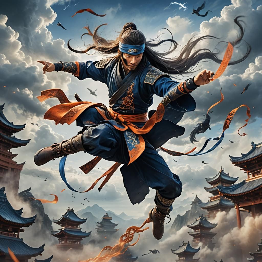 Dynamic Ninja Scissor Kick in a Fantasy Realm