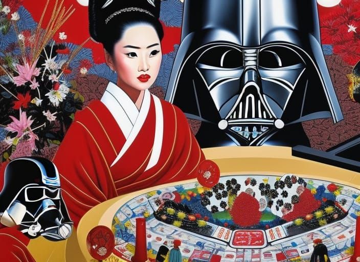 Kimono Woman and Darth Vader in Pop Art Style
