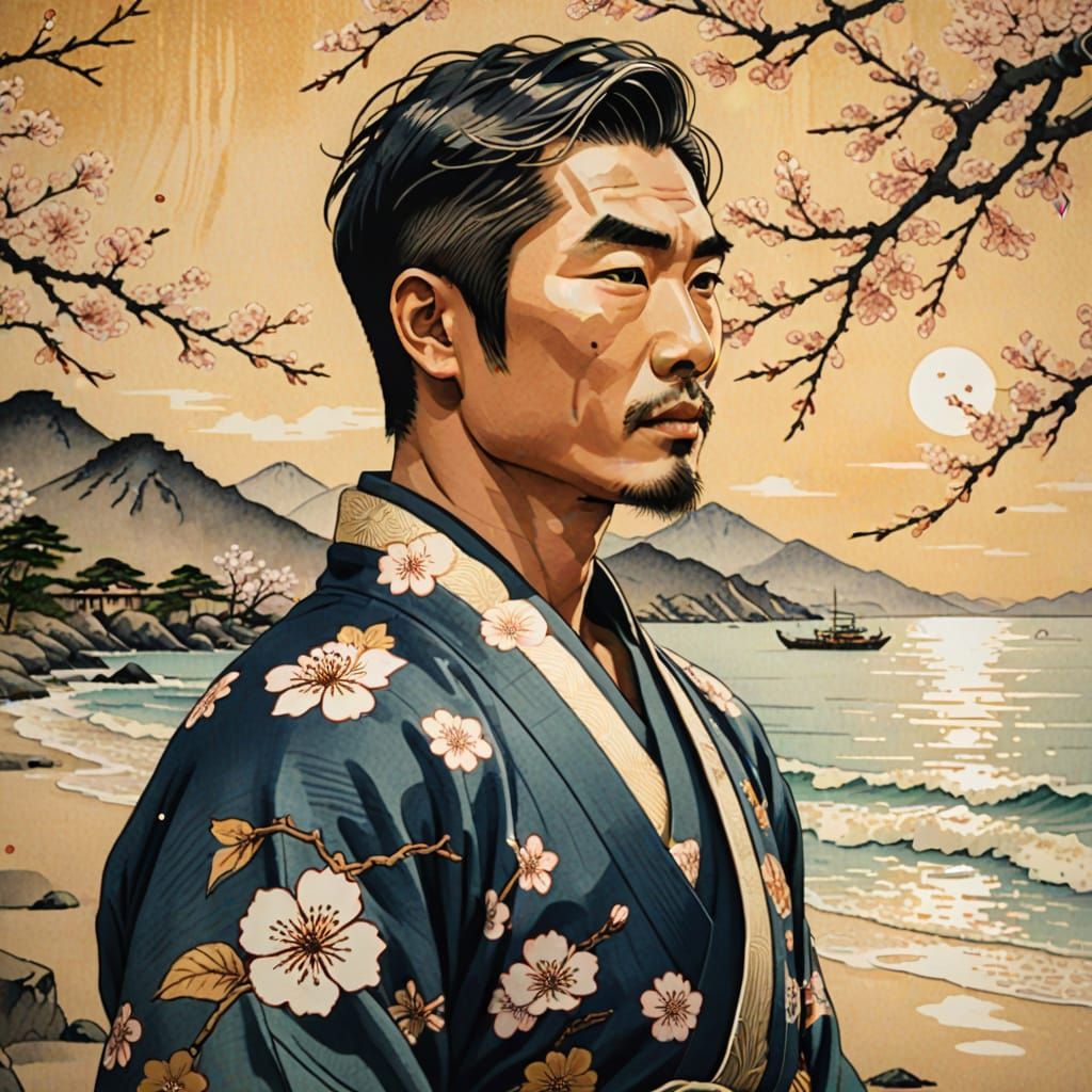Muscled Man Daydreams on Shore in Ukiyo-e Style