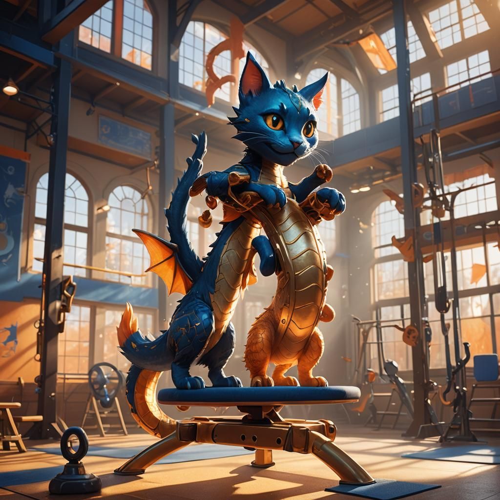 Cat Dragon Plays in Gym: Fantasy Concept Art