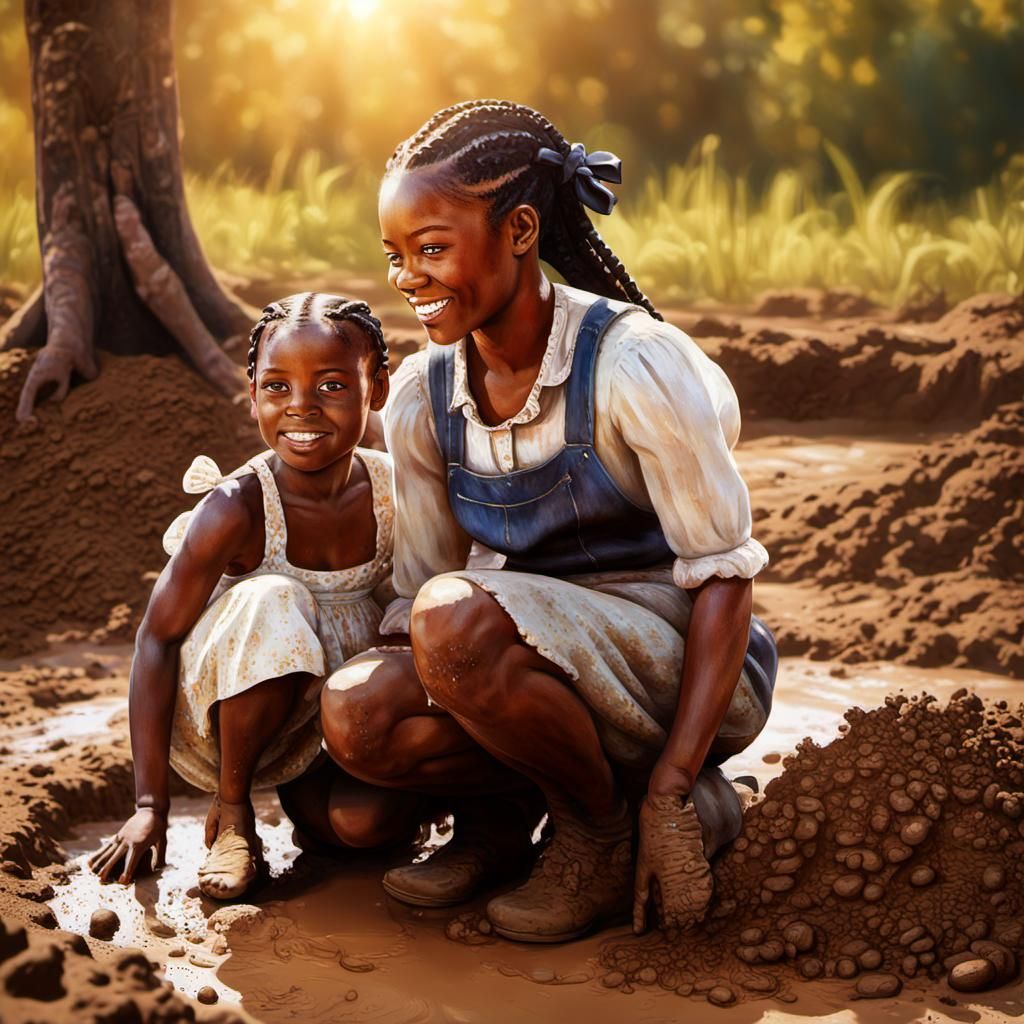 Happy Girl Making Mud Pies in Golden Light