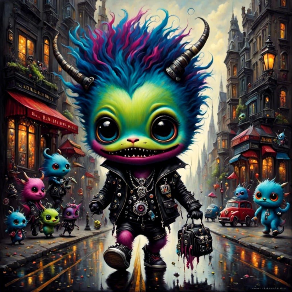 Adorable Punk Rock Monster Walks City Street