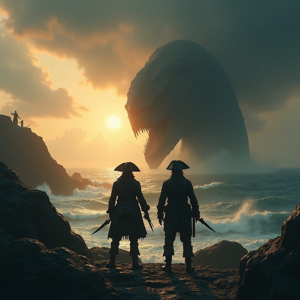 Pirates Face Lovecraftian Sea Monster at Sunset