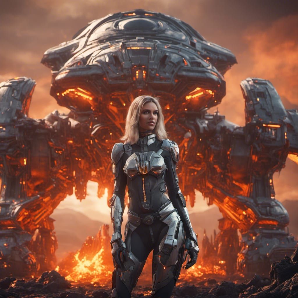 Fantasy Archeologist and Starship on Fiery World