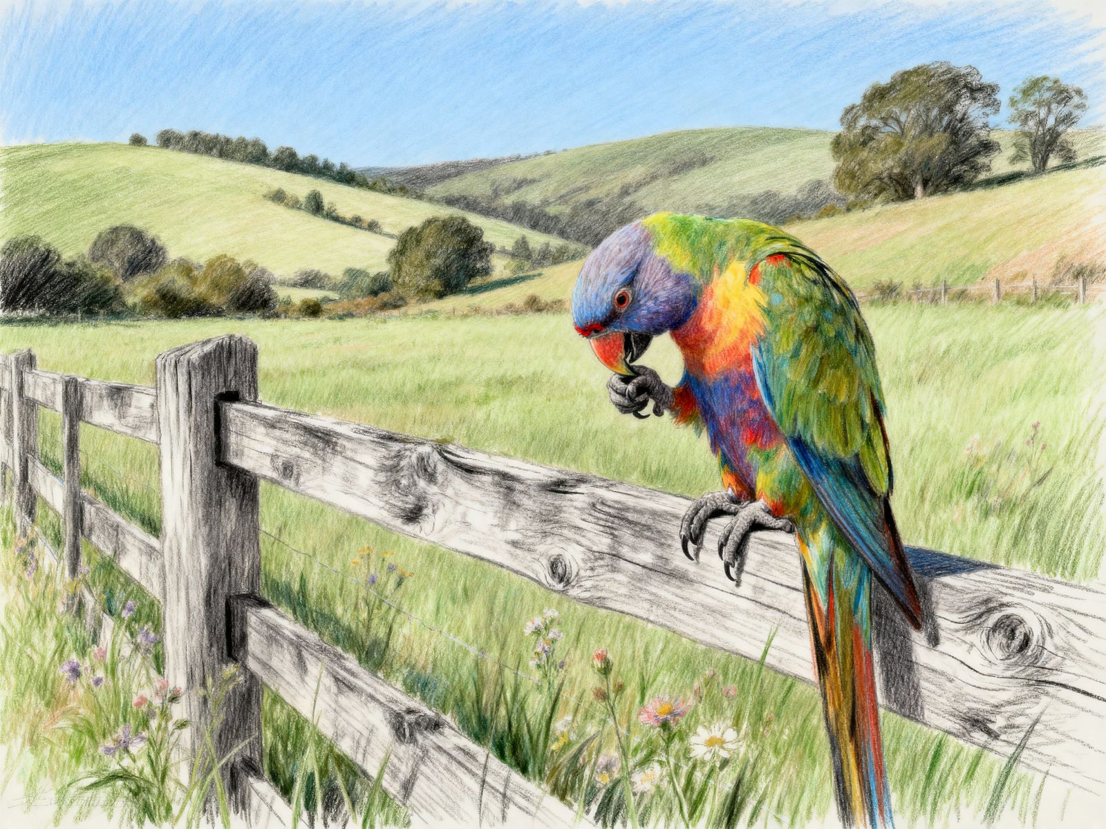 Colourful Parrot in Countryside Charcoal and Chalk Drawing