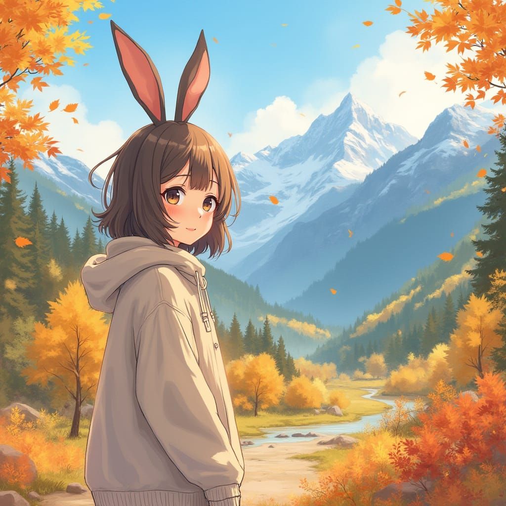 Anime Girl with Bunny Ears in Autumn Landscape