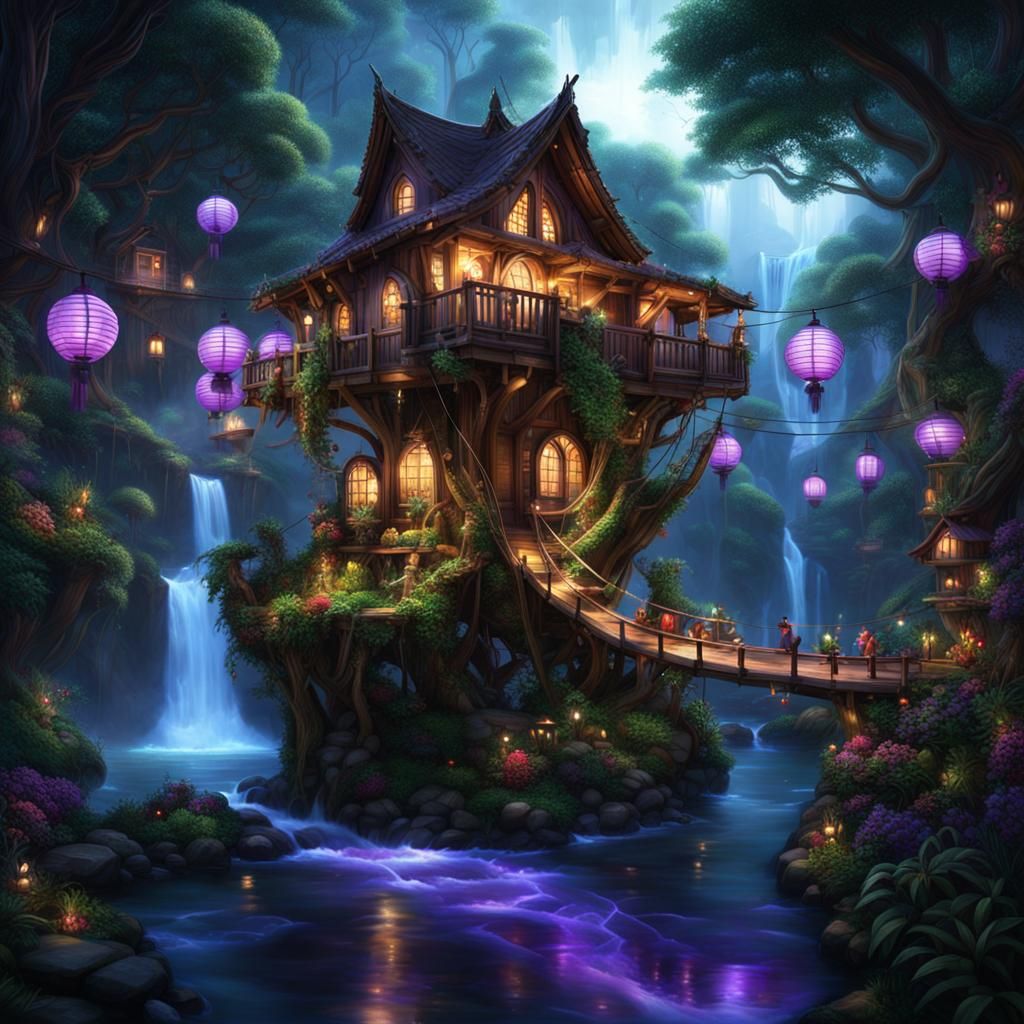 Enchanted Treehouse with Bioluminescent Lights, Fantasy Art
