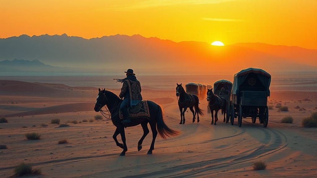Gypsy Caravan in Desert at Golden Hour
