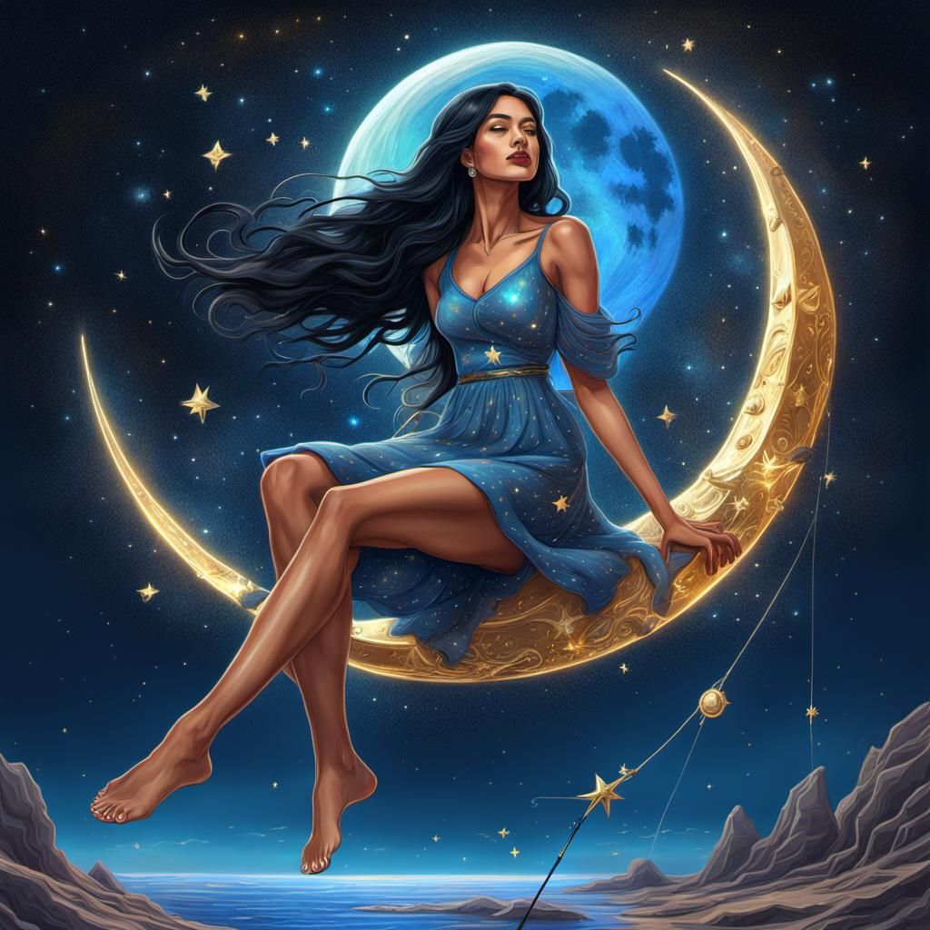 Girl Fishing for Stars on the Moon