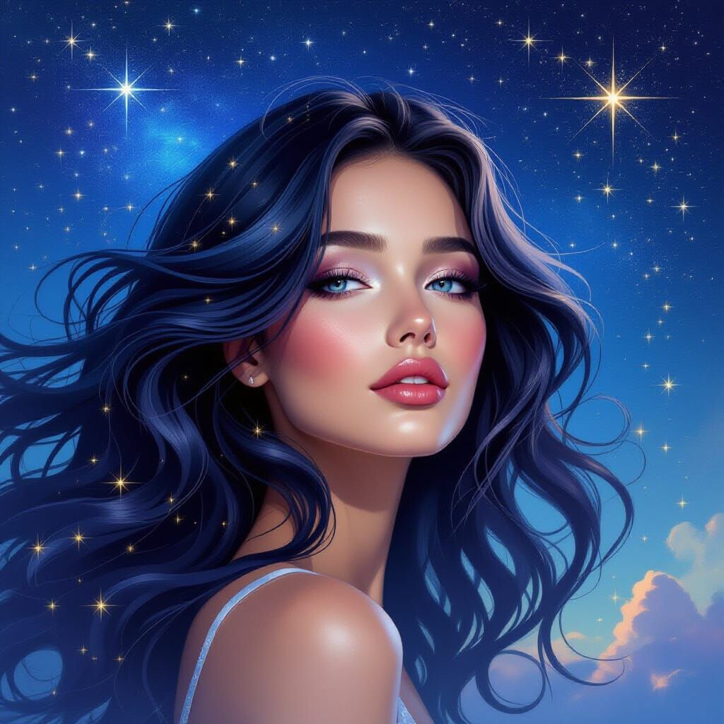 Ethereal Woman Portrait with Flowing Starry Hair