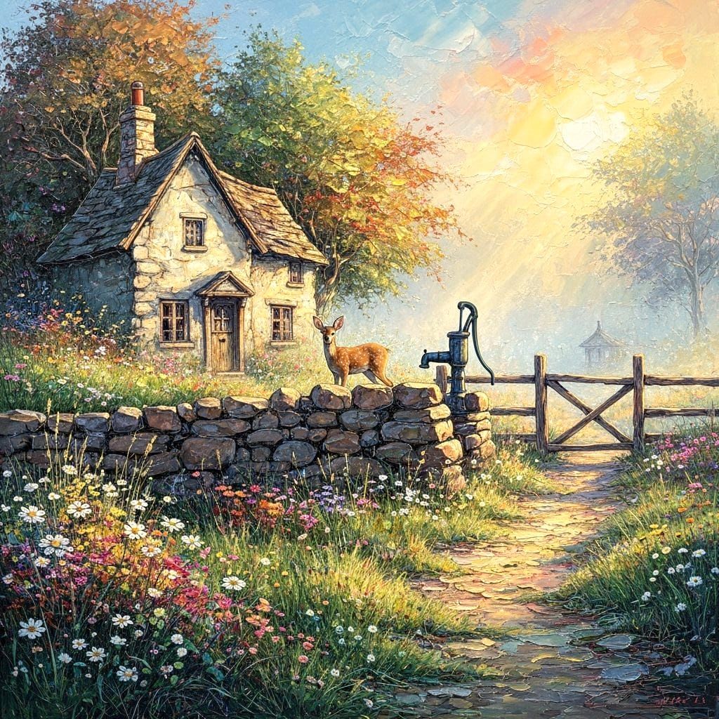 Charming Crooked Cottage with Deer in Misty Evening Light