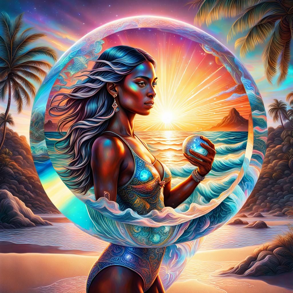 Beach Sunset with Girl, Horse, and Cosmic Elements