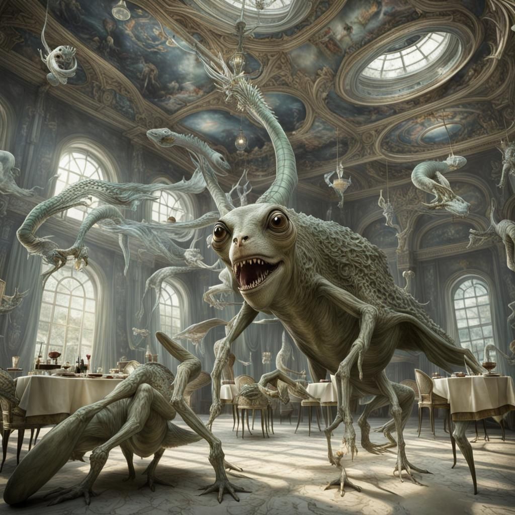 Surreal Restaurant Scene with Aliens Celebrating