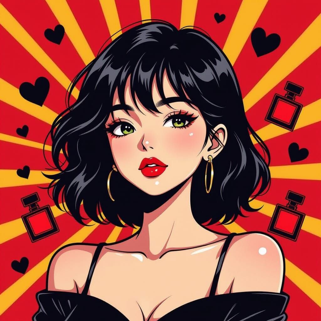 Anime Style Design with Lipstick and Hearts