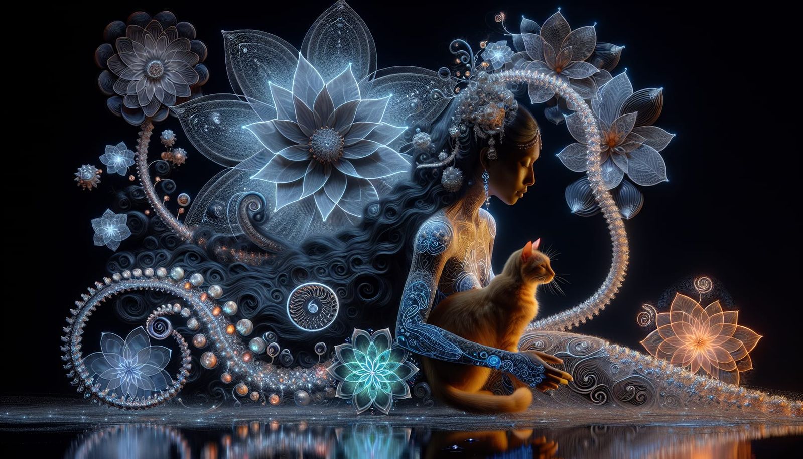 Surreal Woman with Translucent Body and Ginger Cat