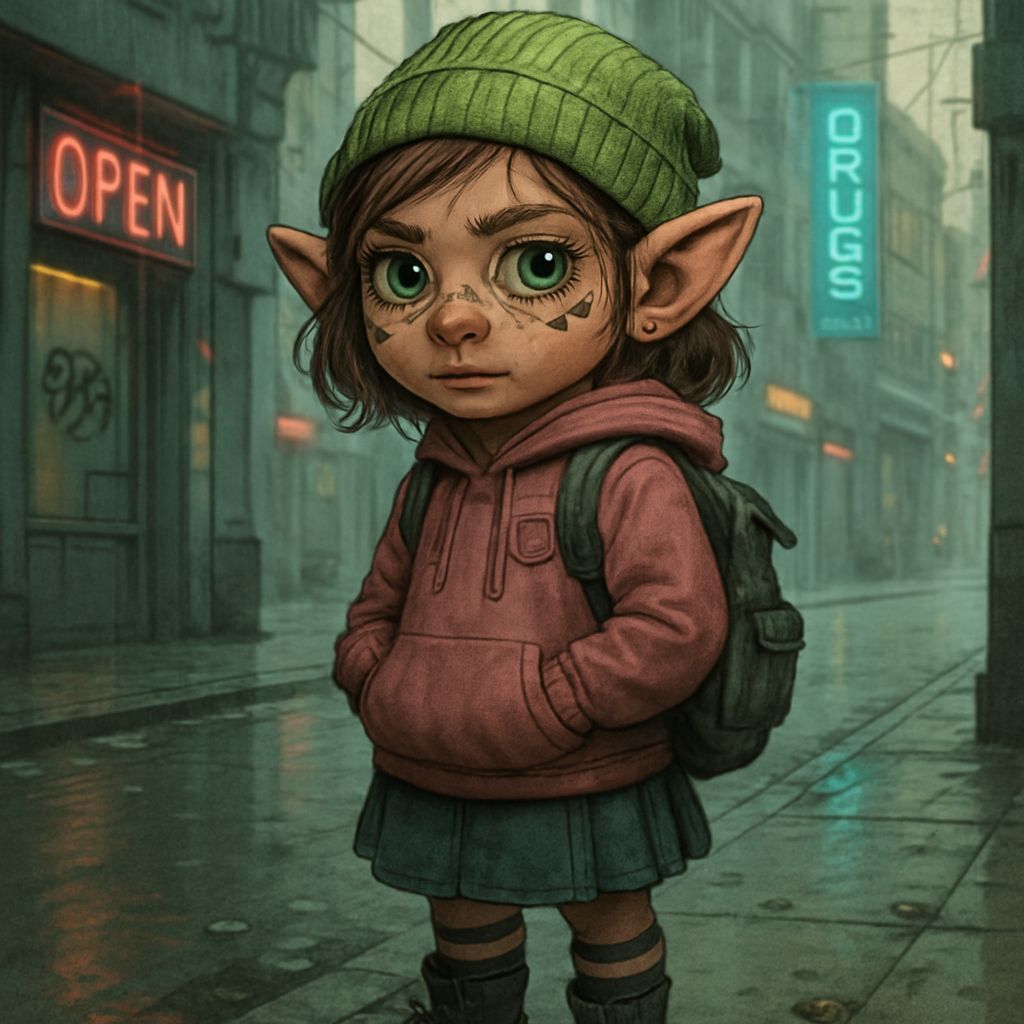 Shadowrun Gnome as Girl on City Street