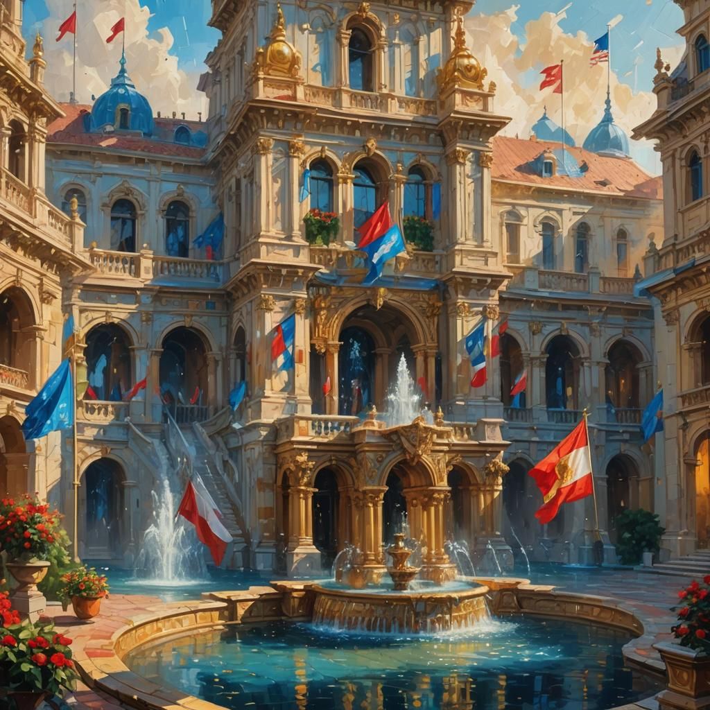 Pixellated Palace with Flags as Impasto Gouache