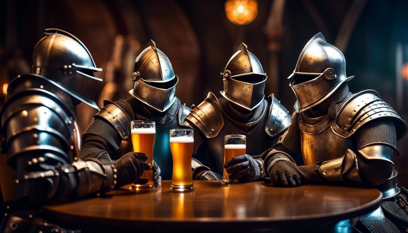 Hyperrealistic Knights Drinking Beer at Round Table