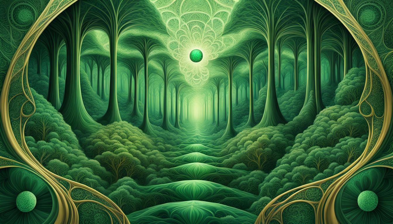 Mystic Emerald Forest in Art Nouveau Op-Art Style