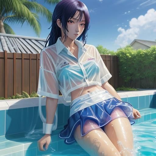 Anime Girl in Wet Bikini by Pool