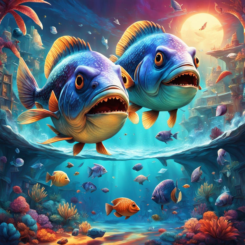 Vibrant Pixar-Style Piranha Fish Holding Newspaper in Fantas...