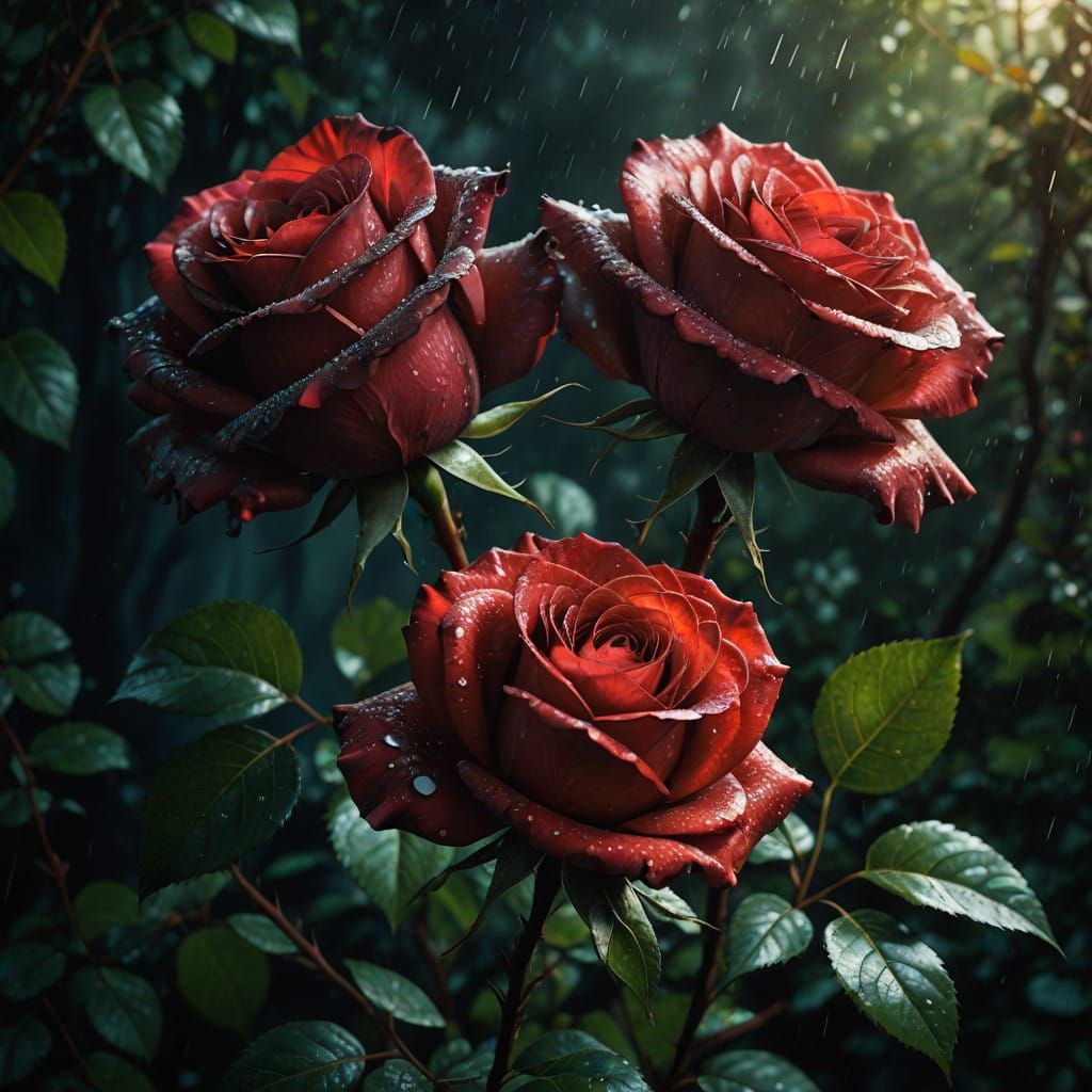 Photorealistic Closeup of Dark, Elegant Roses in Hyperdetail...