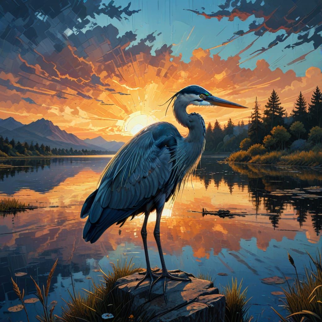 Great Blue Heron in Golden Hour, Suminagashi Mosaic Art