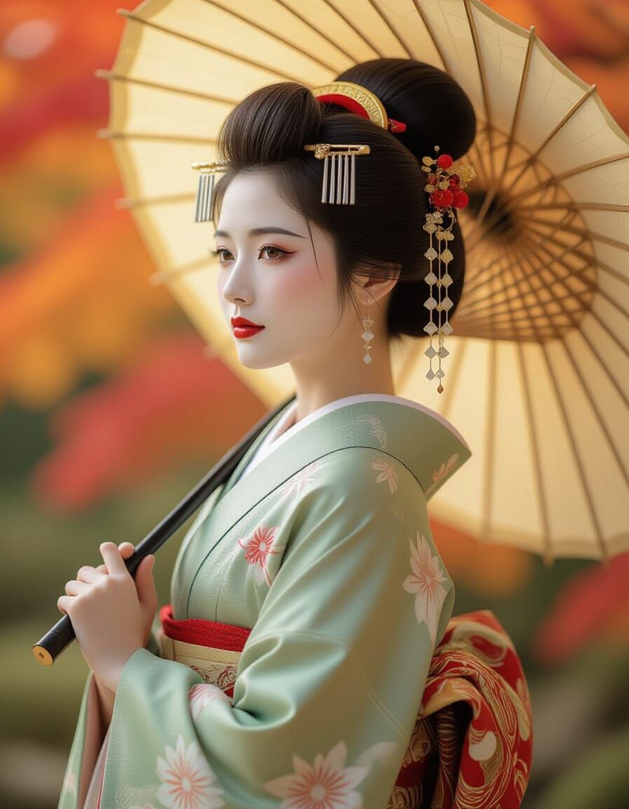 Geisha in Autumn Landscape: Photorealistic Oil Painting