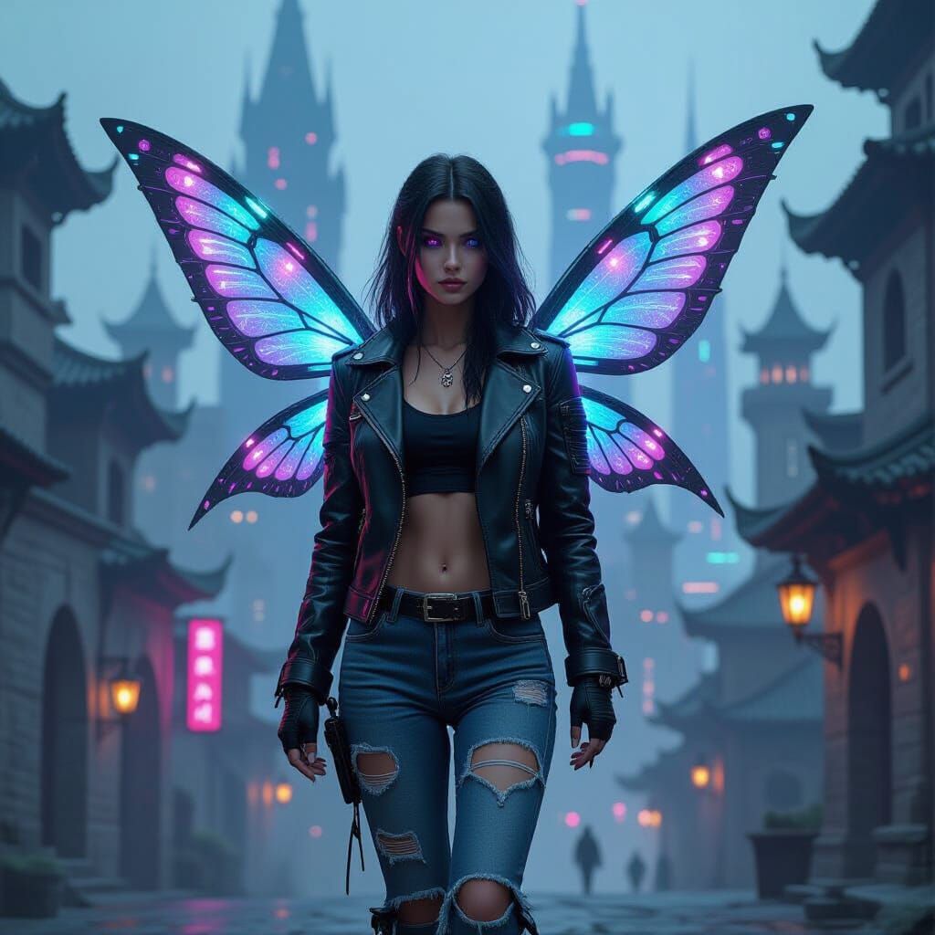 Cyberpunk Fairy with Robotic Wings in Neo-Medieval City