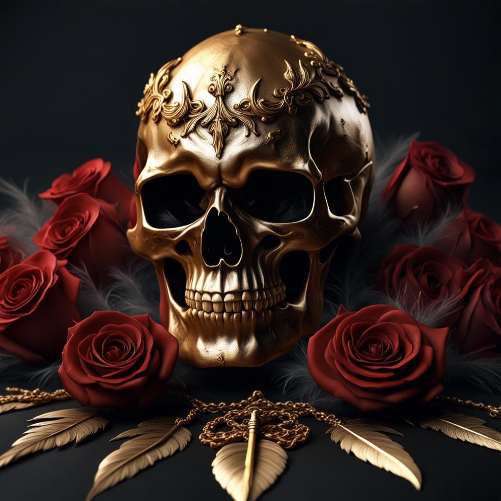 Hyperrealistic Gold Vampire Skull with Roses