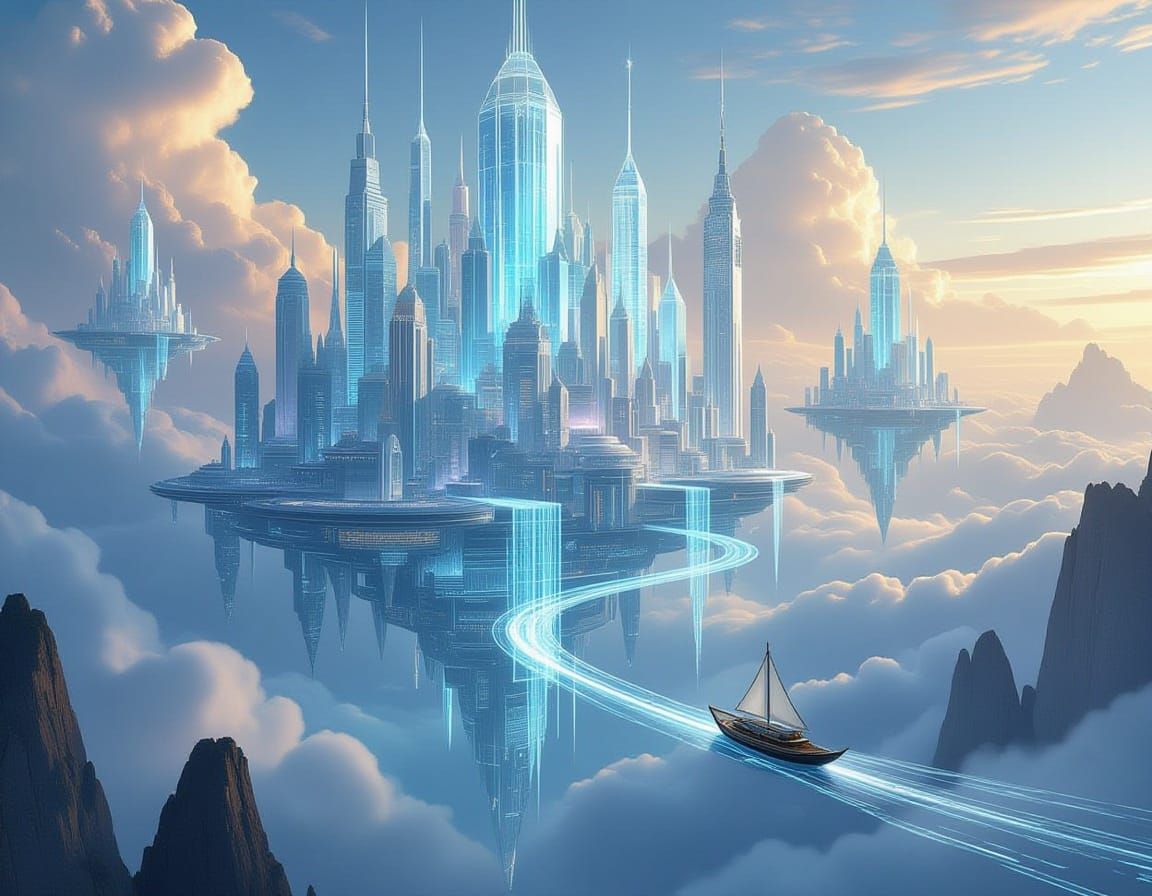 Ethereal City Floating in Clouds, Digital Art Style