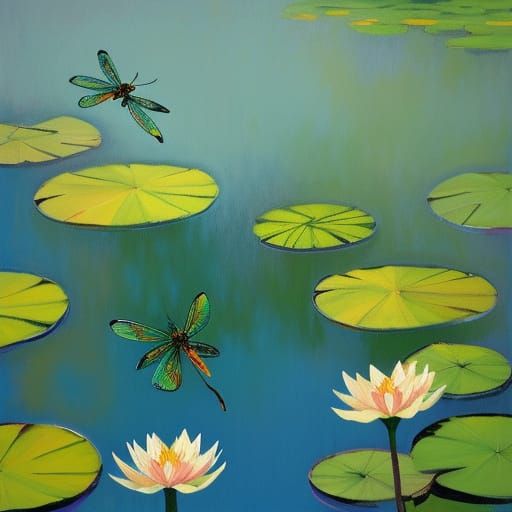 Dragonflies Dancing on Lily Pads in Impressionistic Style