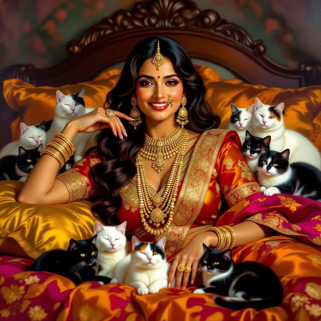 Indian Woman in Maharaja Suit with Golden Jewelry and Cats